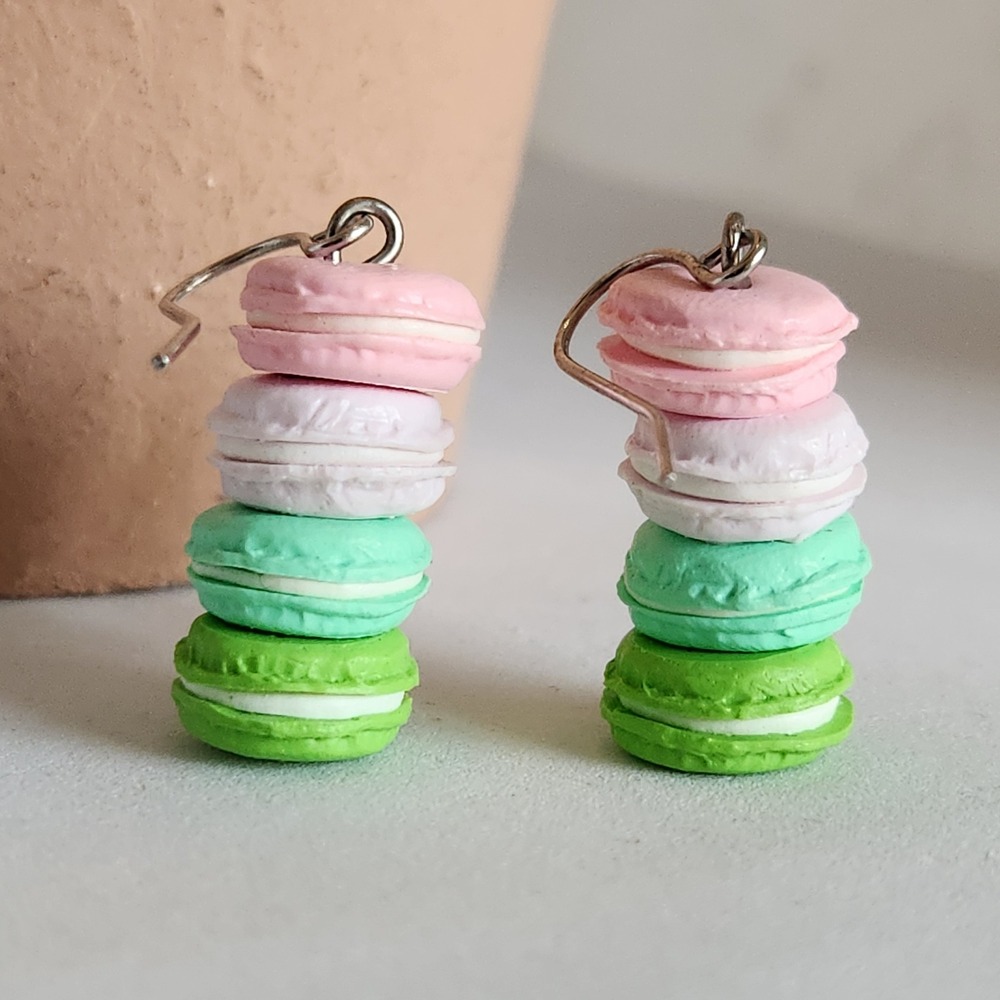 Handmade Pastel Macaron Stack Drop Earrings Pink Green Food Jewelry 1.25"